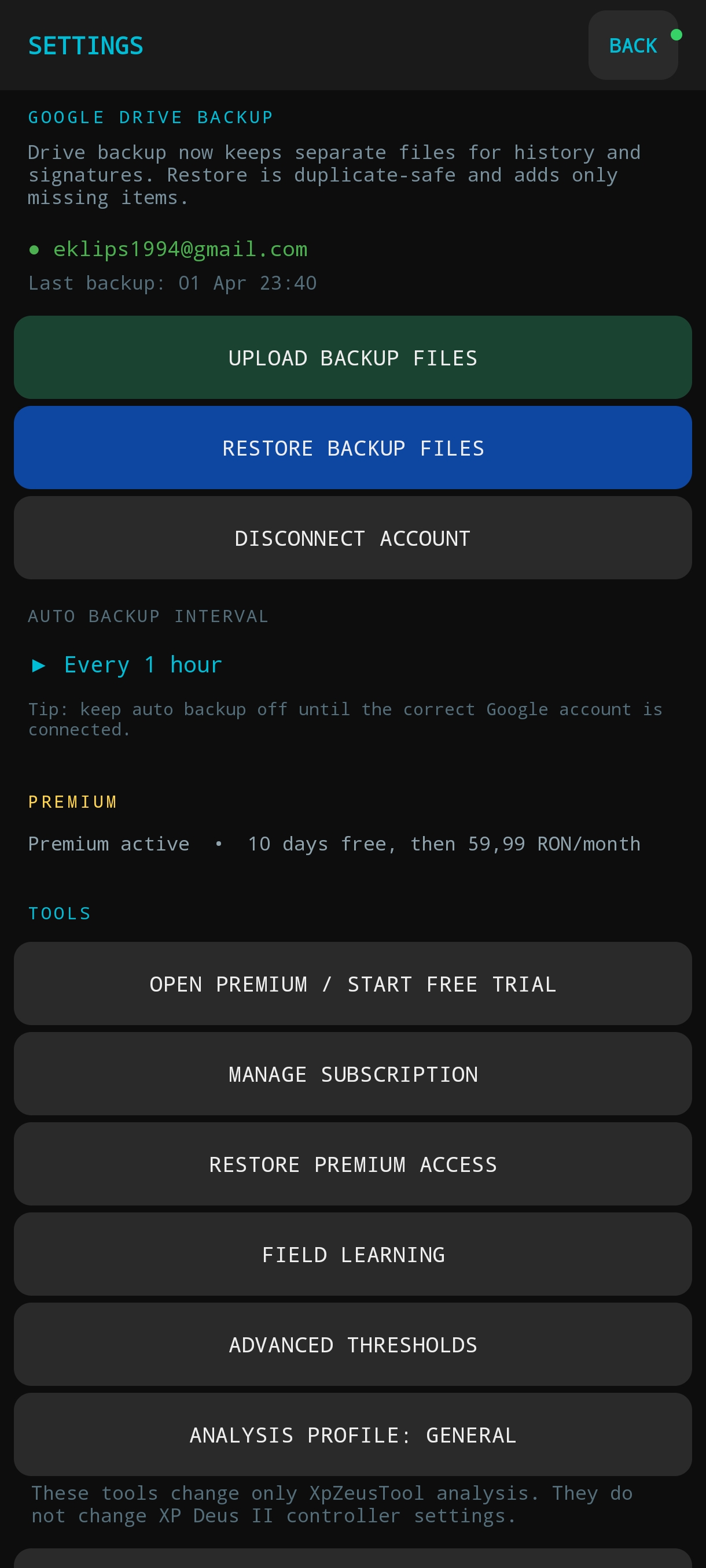 XpZeusTool settings screen